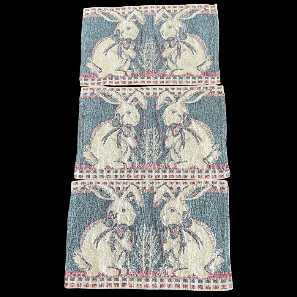 Vintage Easter Bunny Rabbit Tapestry Style Placemats Set of 3 - 16x10.5 Inches